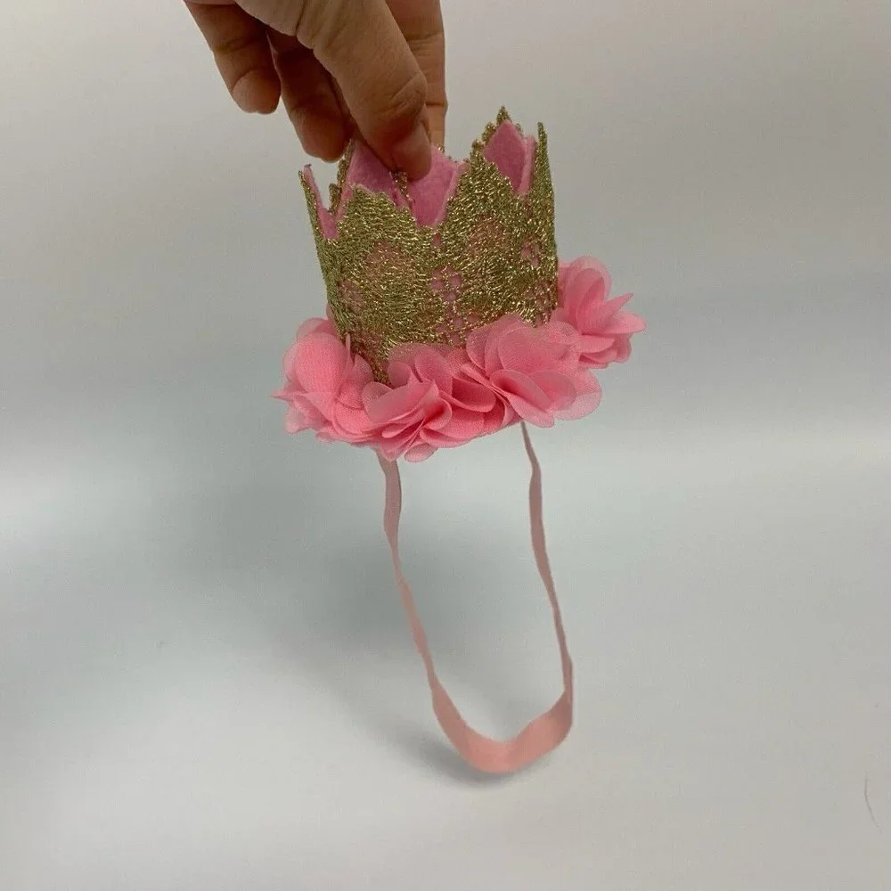 Baby First Birthday Hat Crown Gold Pink Roses w Elastic Small Photo Shoot Party